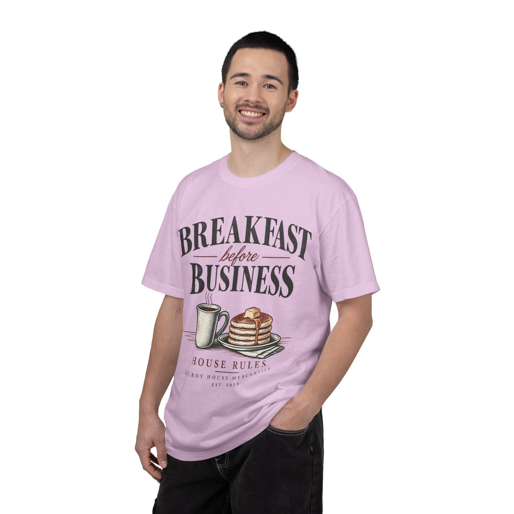 Breakfast Before Business T-Shirt — Coffee & Pancake Morning Graphic Tee
