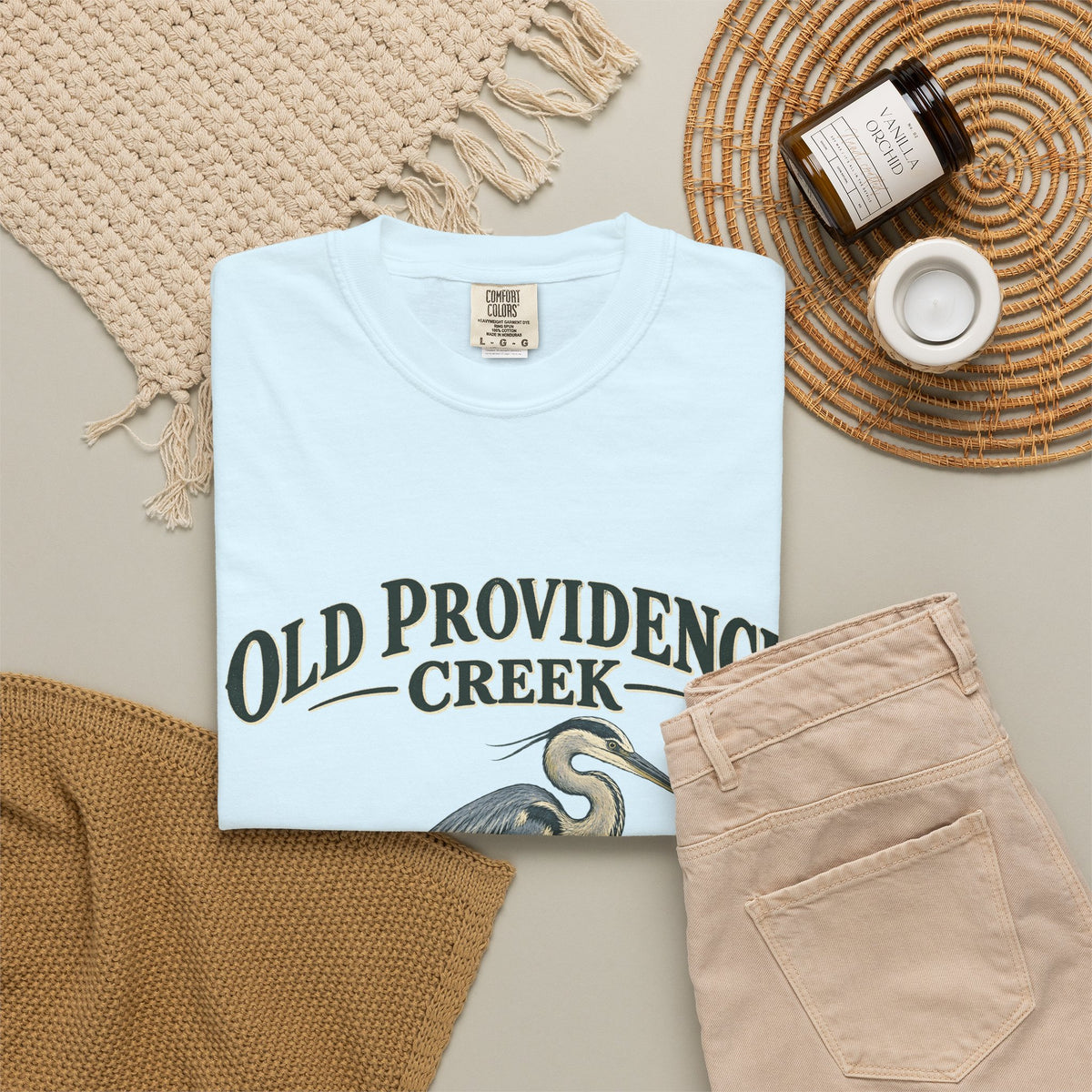Old Providence Creek Heron T-Shirt — "Slow Down. Stay Awhile." Coastal Nature Tee