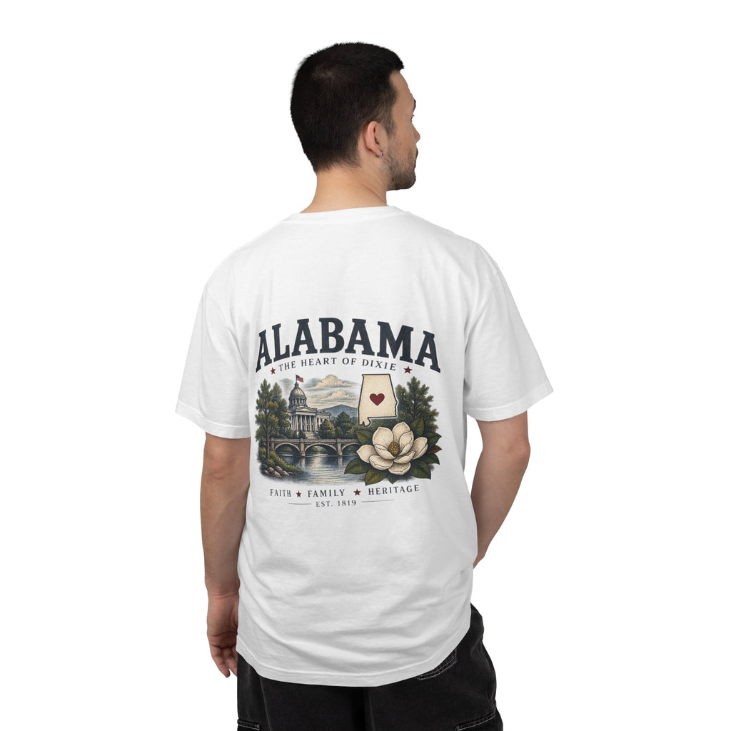 Alabama Heritage T-Shirt — State Scenic Back Print with Magnolia & Capitol
