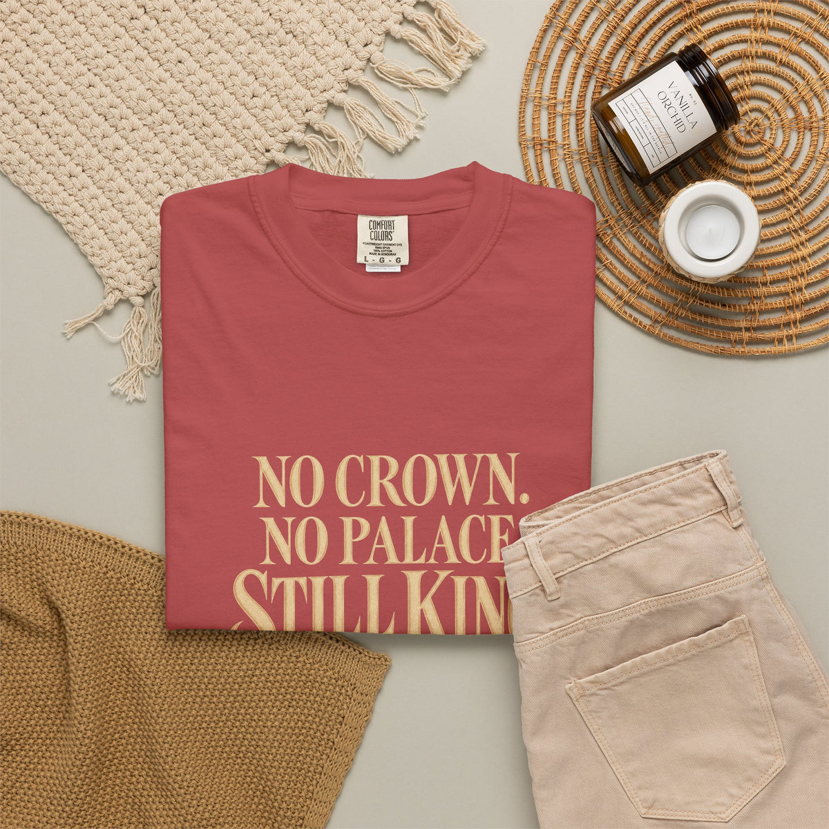 T-Shirt — "No Crown. No Palace. Still King." Inspirational Lion Graphic