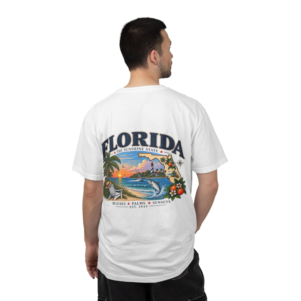 Florida Vintage Beach T-Shirt — Retro Sunset Palm & Orange Graphic