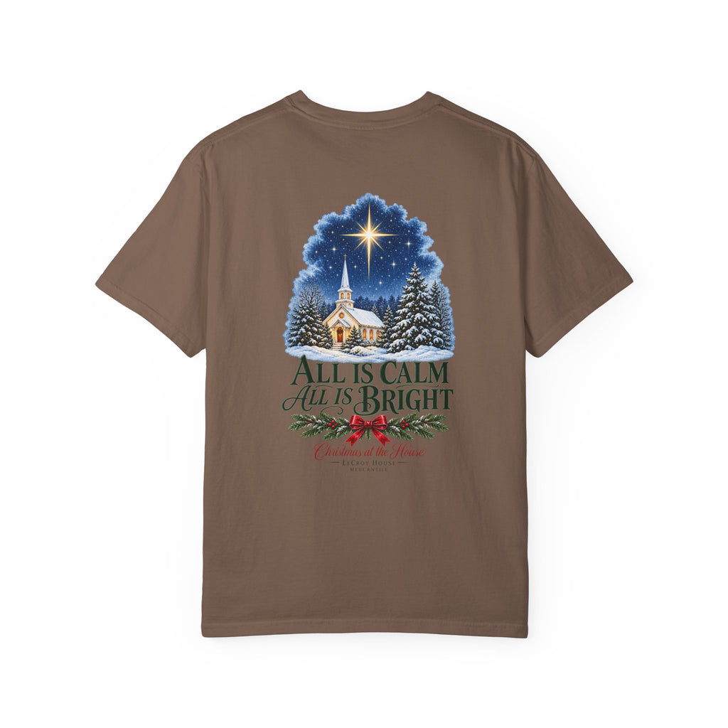 Christmas T-Shirt — "All Is Calm, All Is Bright" Church Scene Holiday Tee