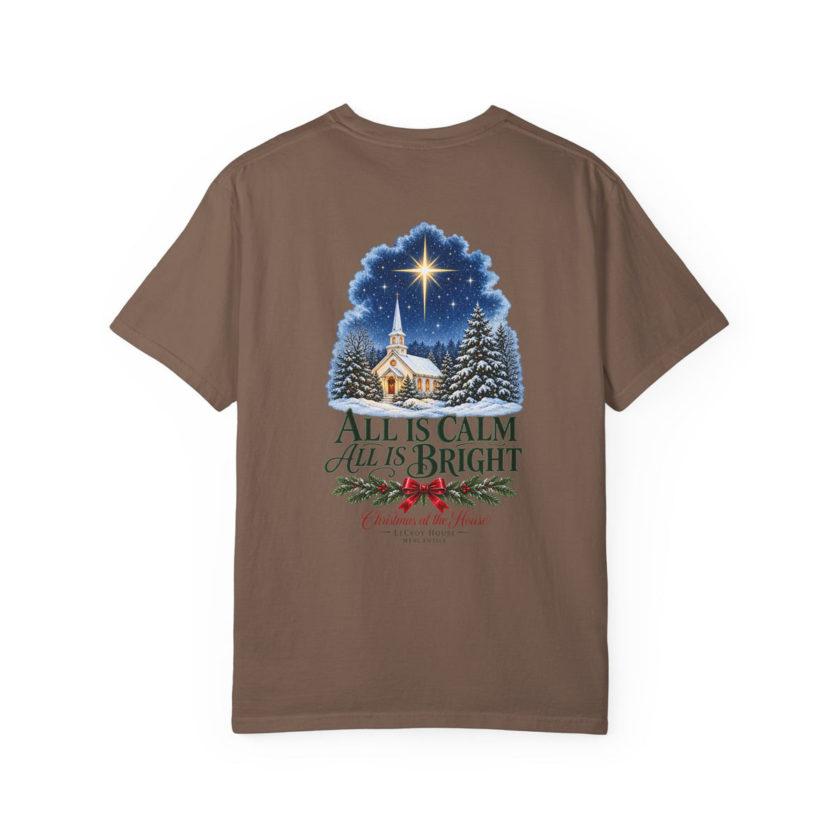 Christmas T-Shirt — "All Is Calm, All Is Bright" Church Scene Holiday Tee