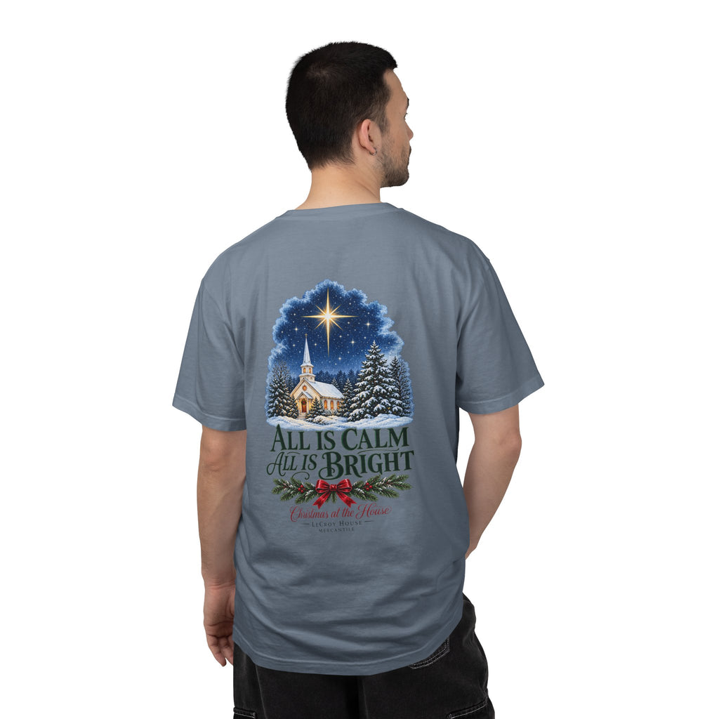 Christmas T-Shirt — "All Is Calm, All Is Bright" Church Scene Holiday Tee