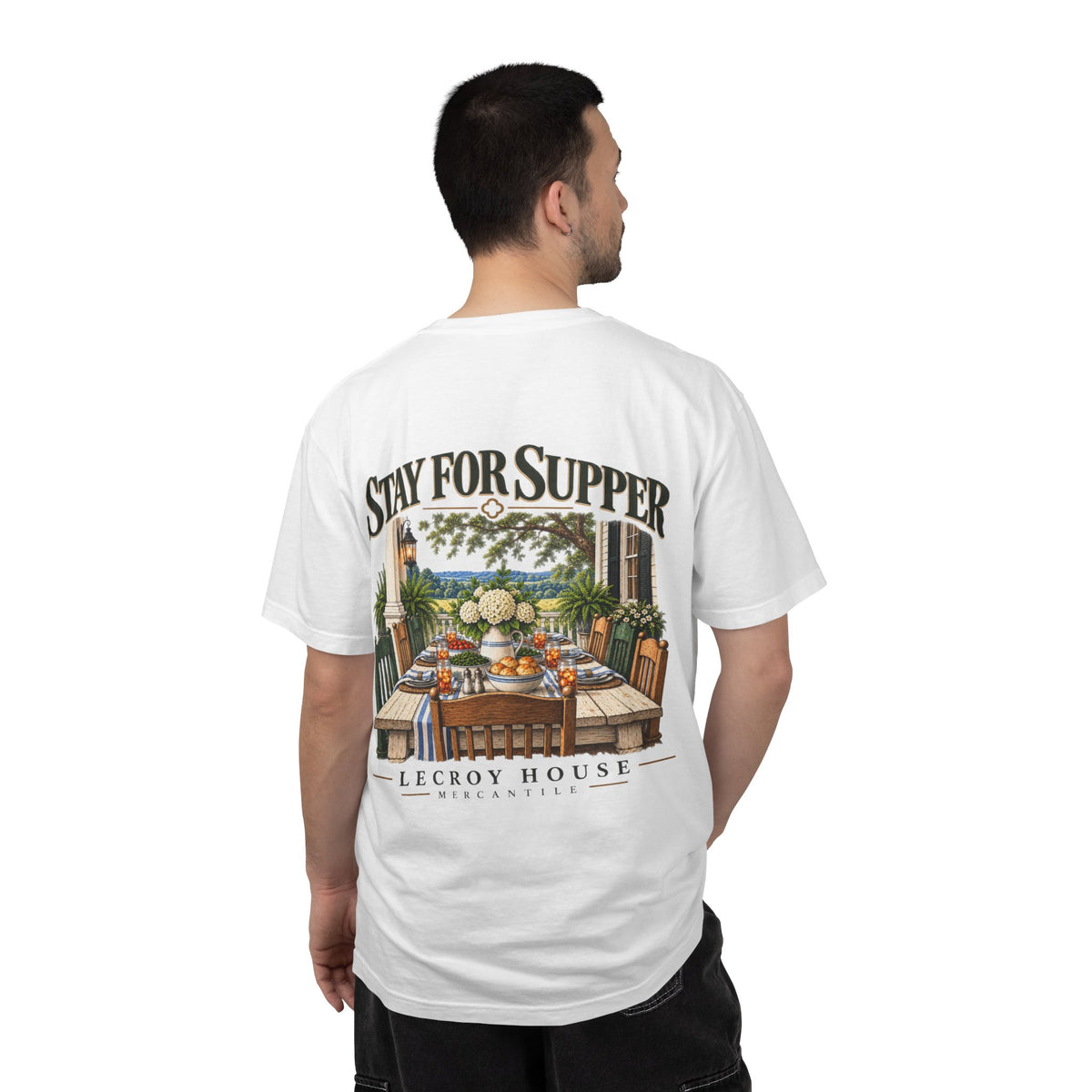 T-Shirt — "Stay For Supper" Scenic Dinner Porch Graphic
