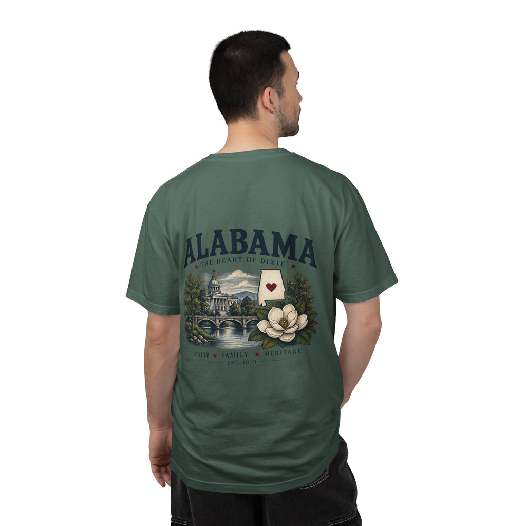 Alabama Heritage T-Shirt — State Scenic Back Print with Magnolia & Capitol