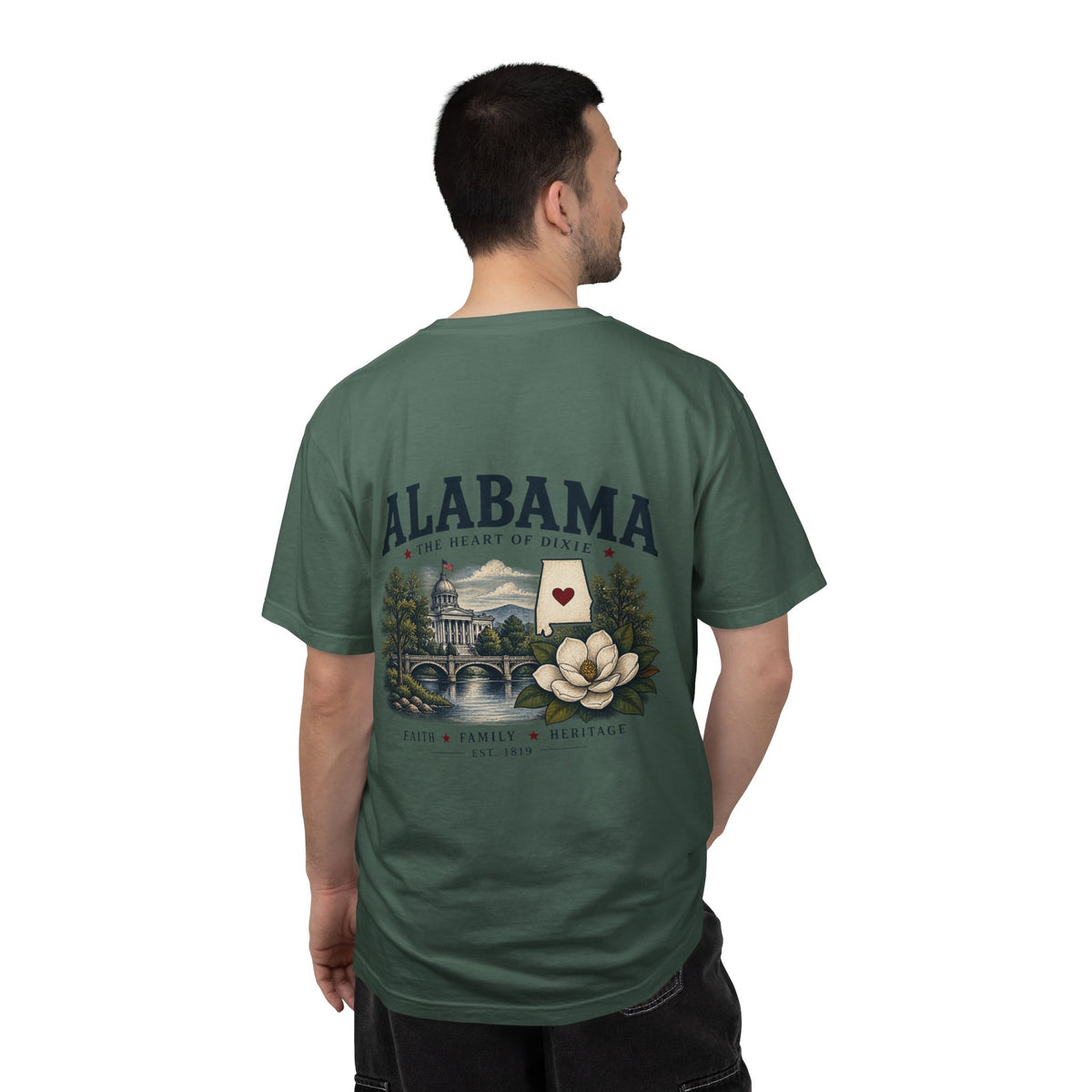 Alabama Heritage T-Shirt — State Scenic Back Print with Magnolia & Capitol