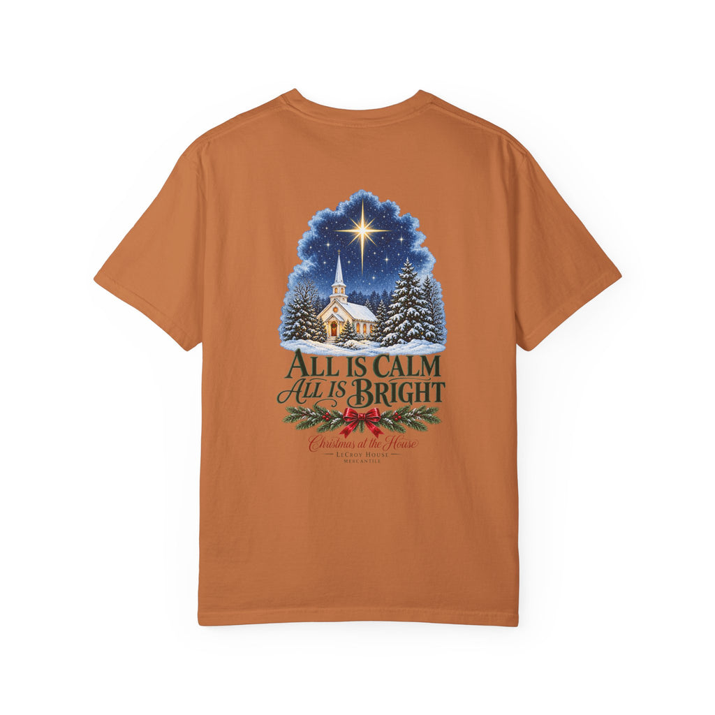 Christmas T-Shirt — "All Is Calm, All Is Bright" Church Scene Holiday Tee