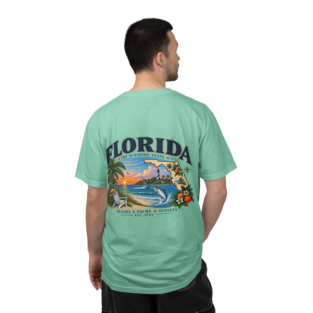 Florida Vintage Beach T-Shirt — Retro Sunset Palm & Orange Graphic