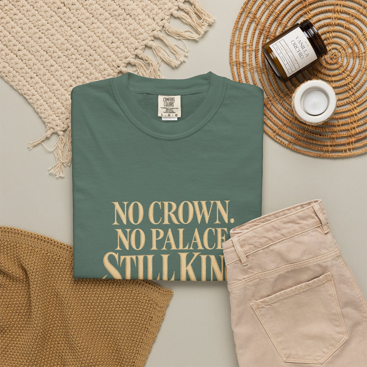 T-Shirt — "No Crown. No Palace. Still King." Inspirational Lion Graphic