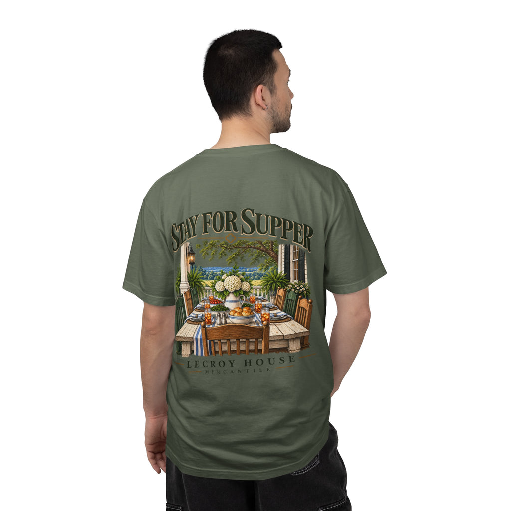 T-Shirt — "Stay For Supper" Scenic Dinner Porch Graphic
