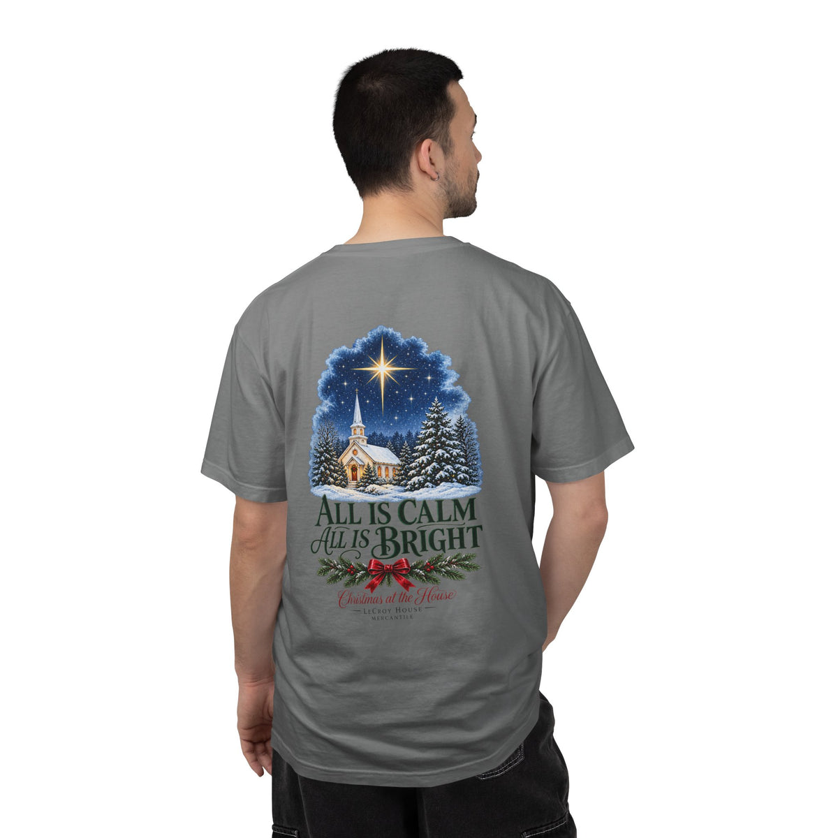 Christmas T-Shirt — "All Is Calm, All Is Bright" Church Scene Holiday Tee