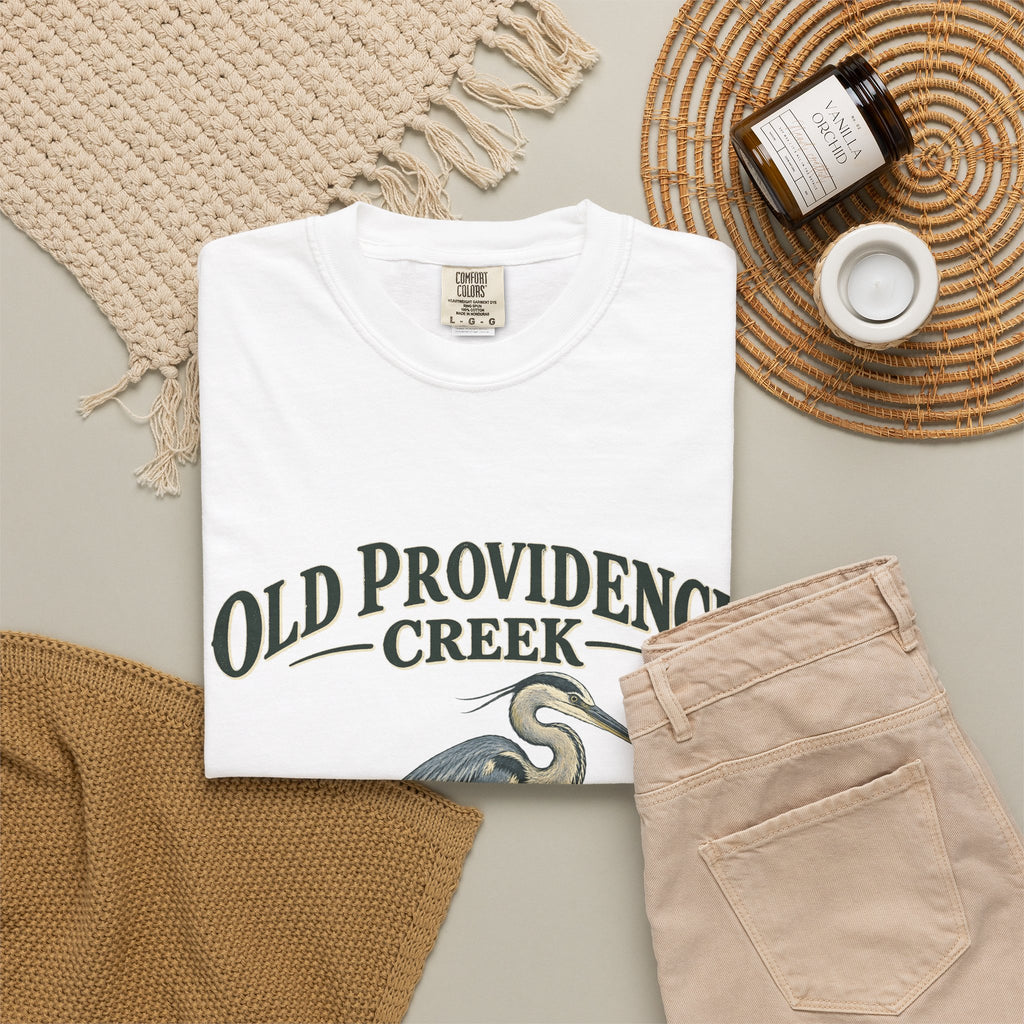 Old Providence Creek Heron T-Shirt — "Slow Down. Stay Awhile." Coastal Nature Tee