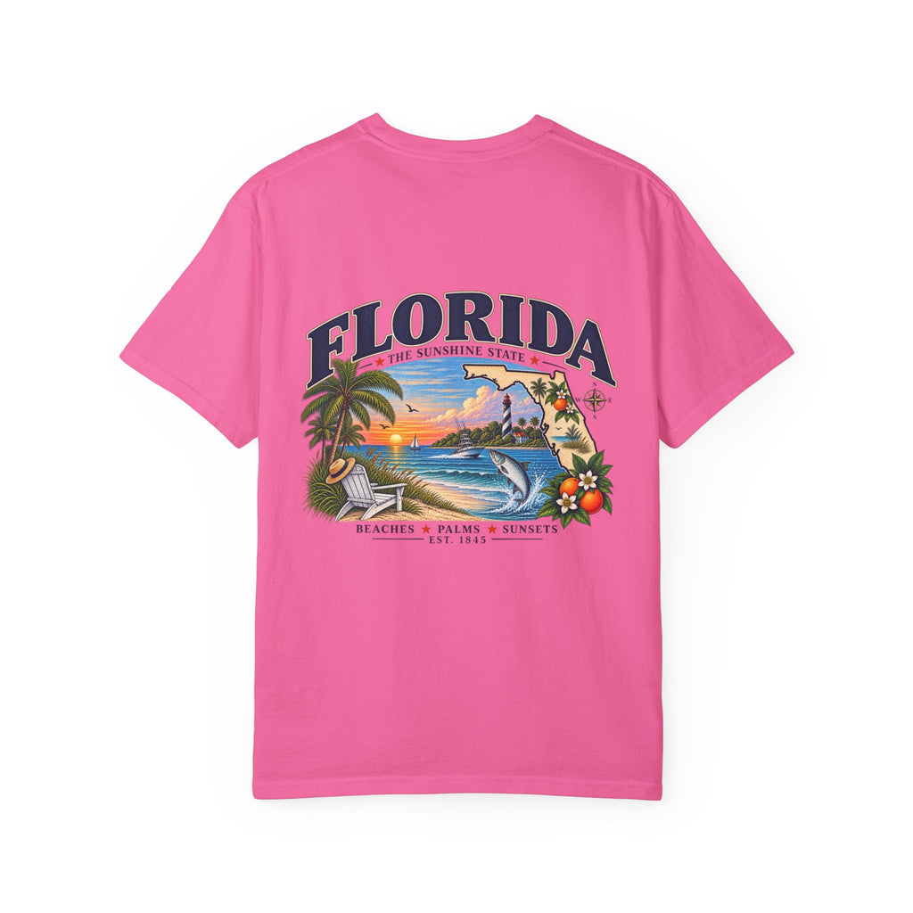 Florida Vintage Beach T-Shirt — Retro Sunset Palm & Orange Graphic