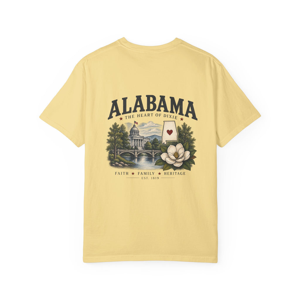 Alabama Heritage T-Shirt — State Scenic Back Print with Magnolia & Capitol