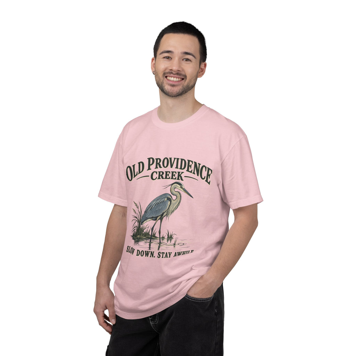 Old Providence Creek Heron T-Shirt — "Slow Down. Stay Awhile." Coastal Nature Tee
