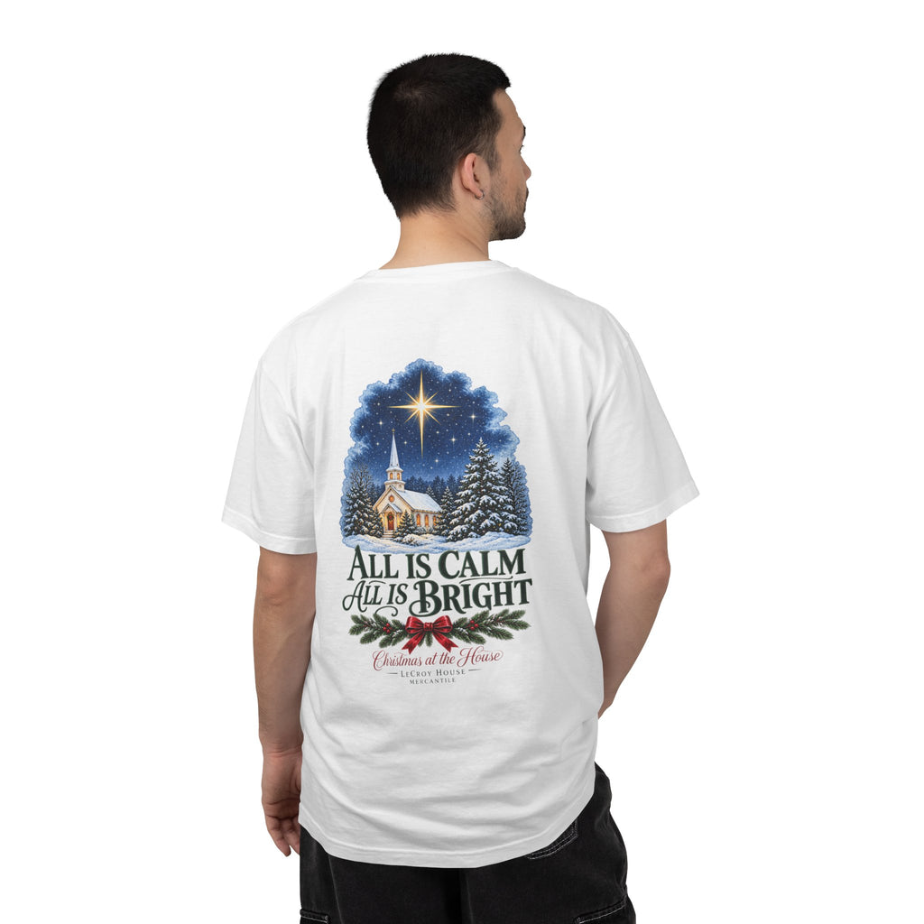 Christmas T-Shirt — "All Is Calm, All Is Bright" Church Scene Holiday Tee
