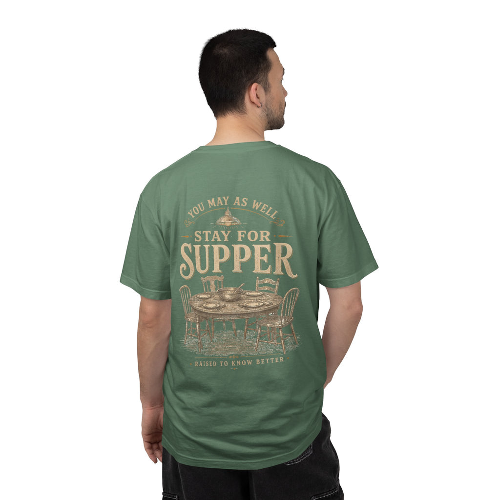 Stay for Supper T-Shirt — Rustic Farmhouse Dinner Graphic Tee