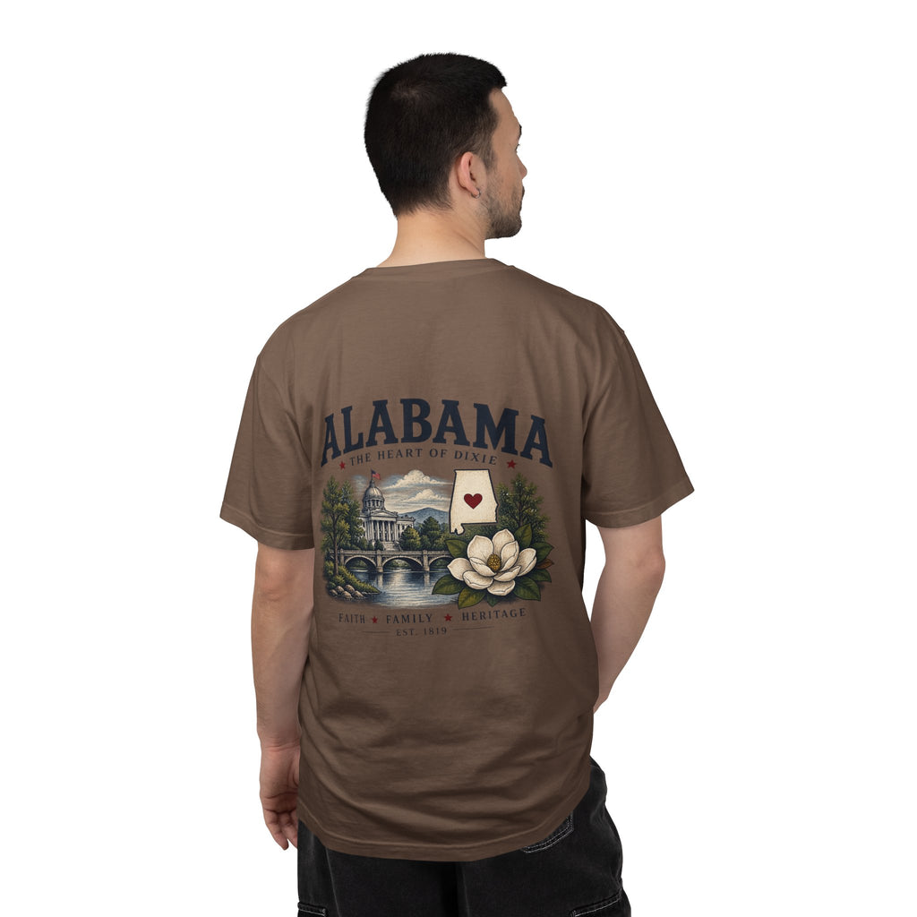 Alabama Heritage T-Shirt — State Scenic Back Print with Magnolia & Capitol