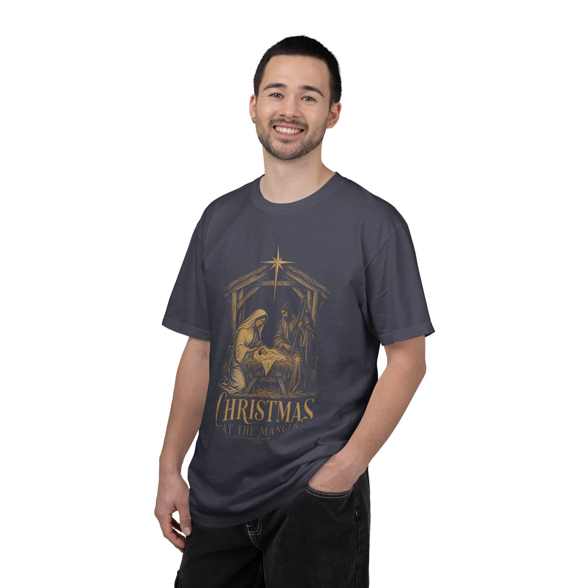 Nativity Christmas T-Shirt — "Christmas at the Manger" Religious Holiday Tee