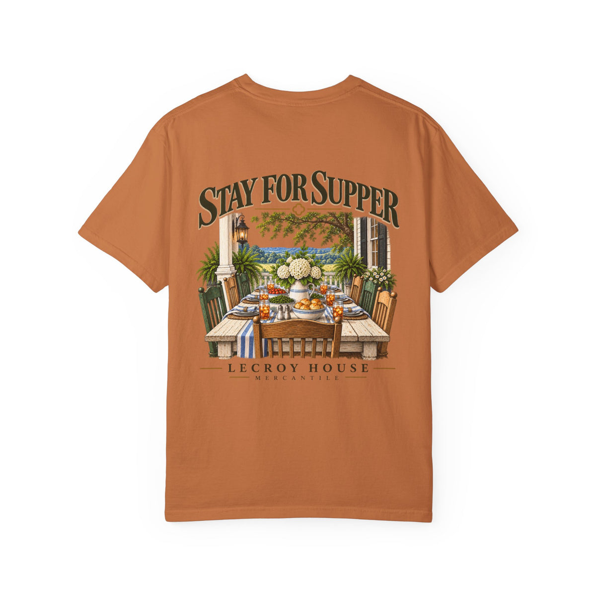 T-Shirt — "Stay For Supper" Scenic Dinner Porch Graphic