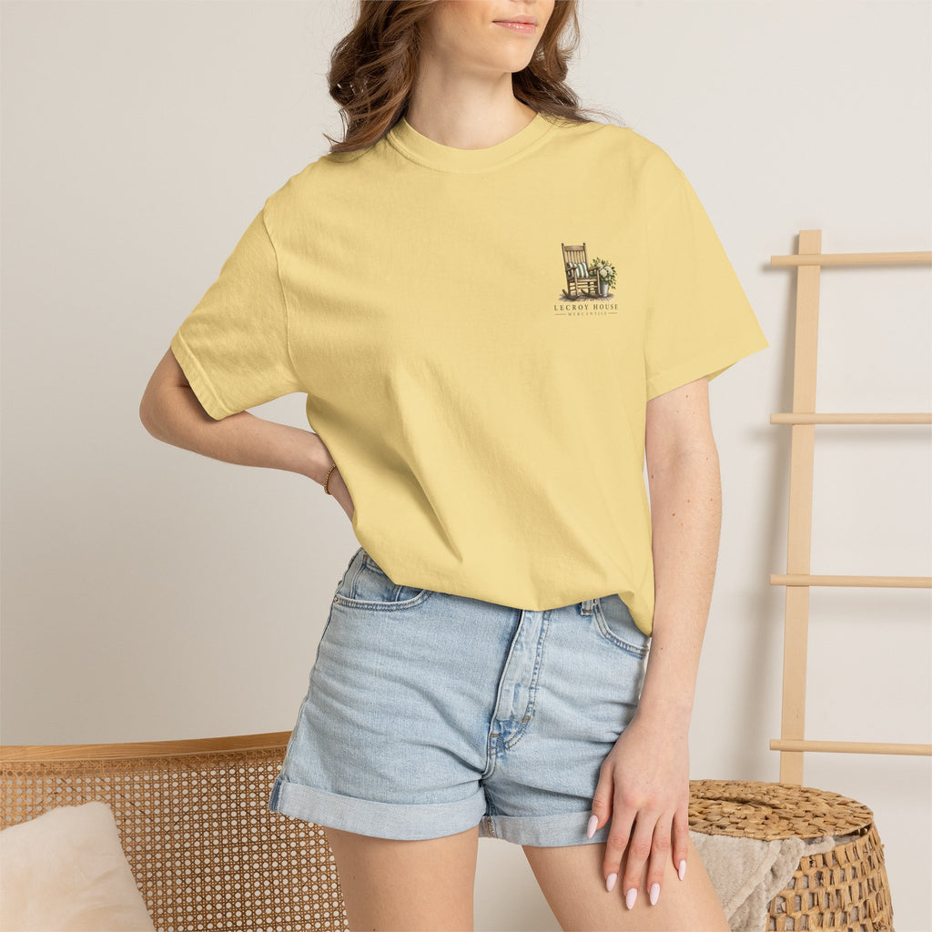 Come On In Porch T-Shirt — "Come On In, We'll Find You a Chair" Relaxed Front-Pocket Tee