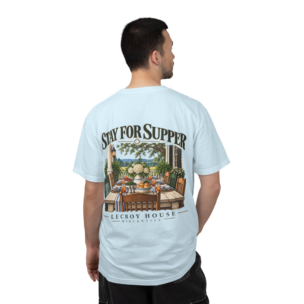 T-Shirt — "Stay For Supper" Scenic Dinner Porch Graphic