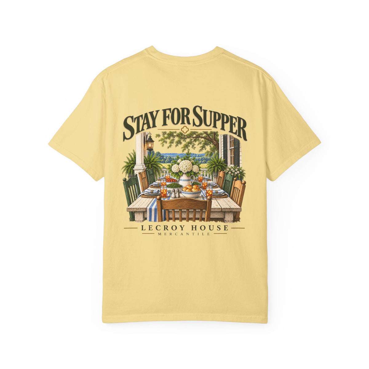 T-Shirt — "Stay For Supper" Scenic Dinner Porch Graphic