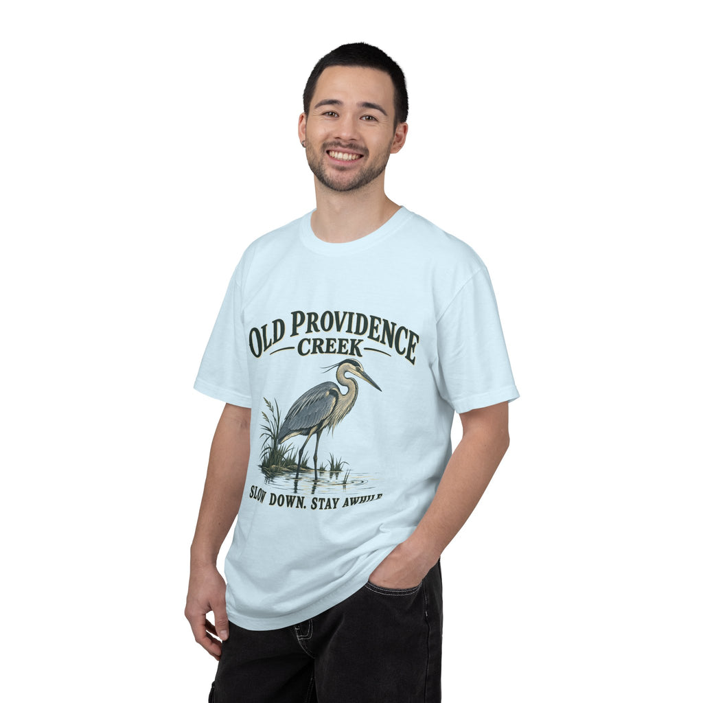 Old Providence Creek Heron T-Shirt — "Slow Down. Stay Awhile." Coastal Nature Tee