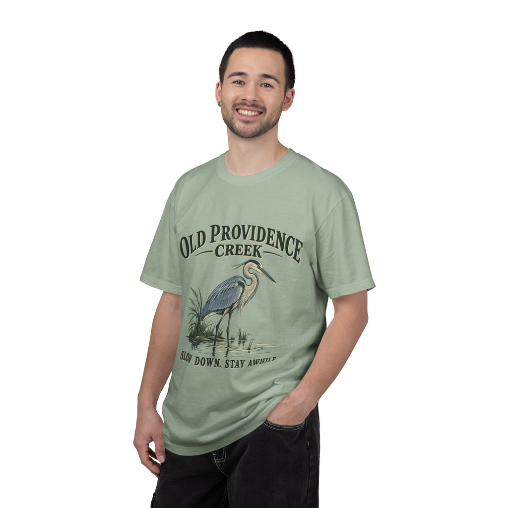Old Providence Creek Heron T-Shirt — "Slow Down. Stay Awhile." Coastal Nature Tee