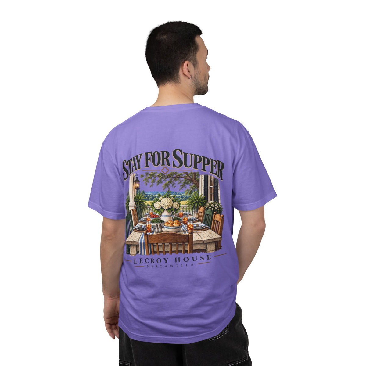 T-Shirt — "Stay For Supper" Scenic Dinner Porch Graphic
