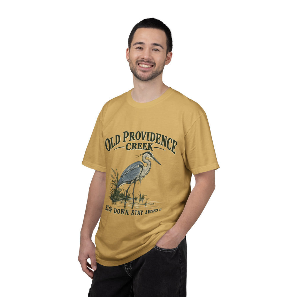 Old Providence Creek Heron T-Shirt — "Slow Down. Stay Awhile." Coastal Nature Tee