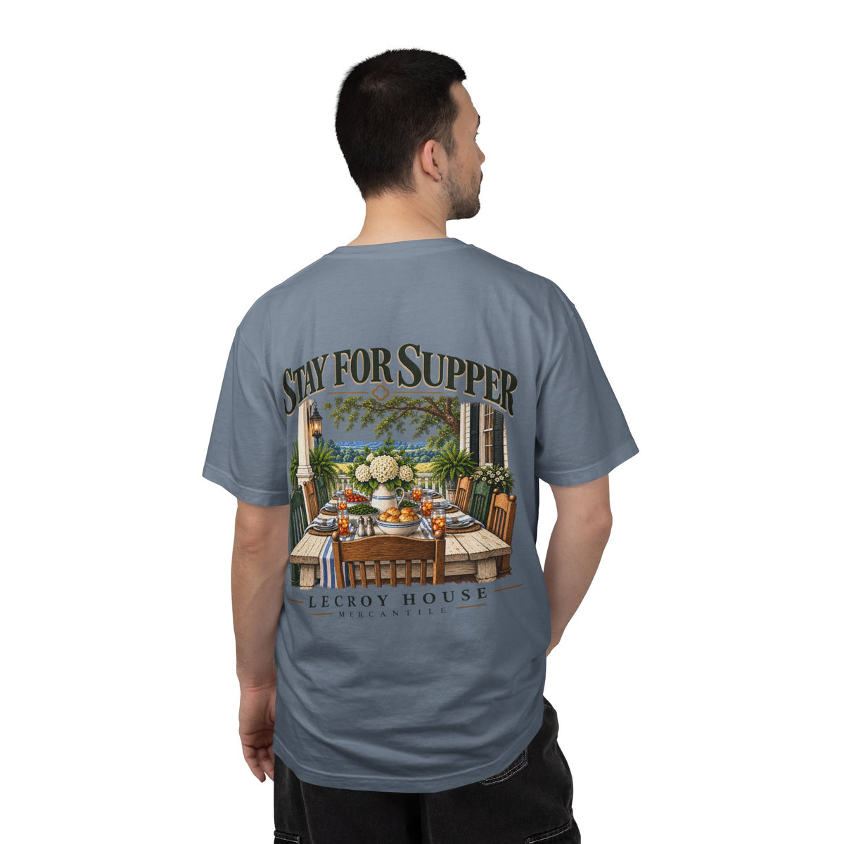 T-Shirt — "Stay For Supper" Scenic Dinner Porch Graphic