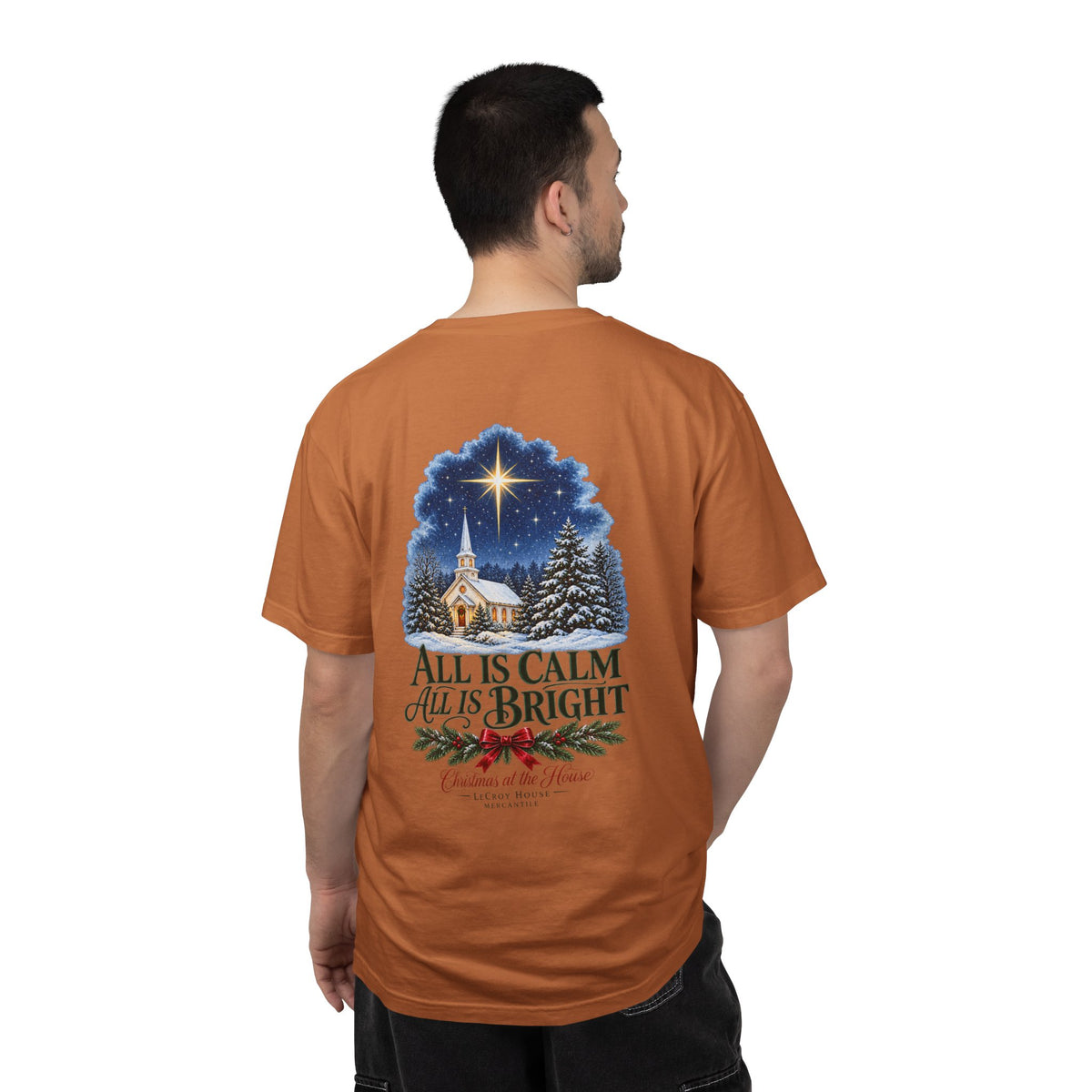 Christmas T-Shirt — "All Is Calm, All Is Bright" Church Scene Holiday Tee