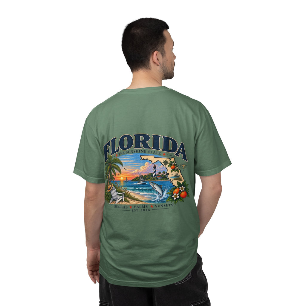 Florida Vintage Beach T-Shirt — Retro Sunset Palm & Orange Graphic