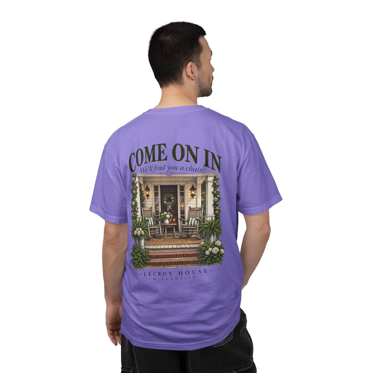 Come On In Porch T-Shirt — "Come On In, We'll Find You a Chair" Relaxed Front-Pocket Tee
