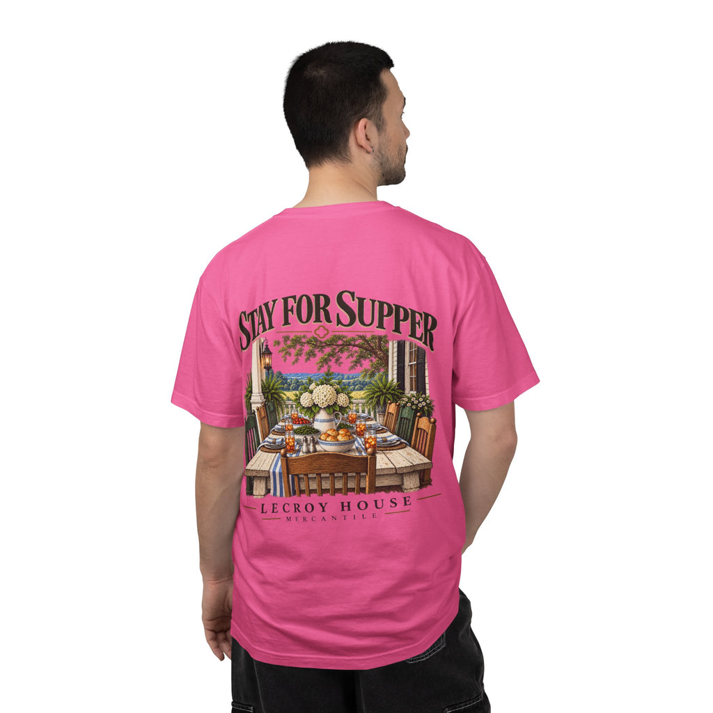 T-Shirt — "Stay For Supper" Scenic Dinner Porch Graphic