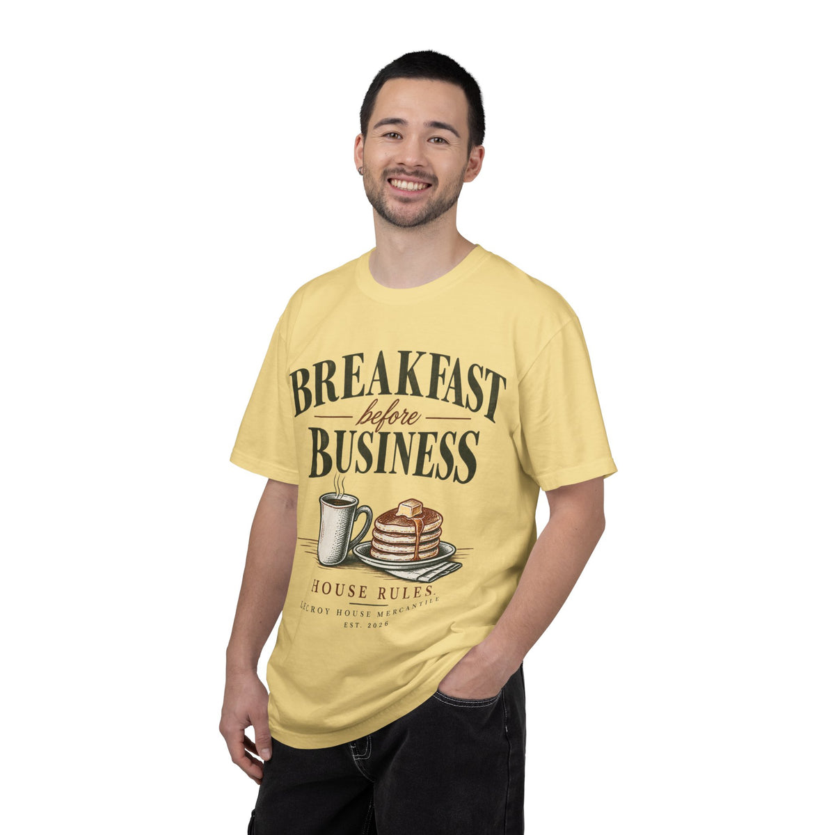 Breakfast Before Business T-Shirt — Coffee & Pancake Morning Graphic Tee