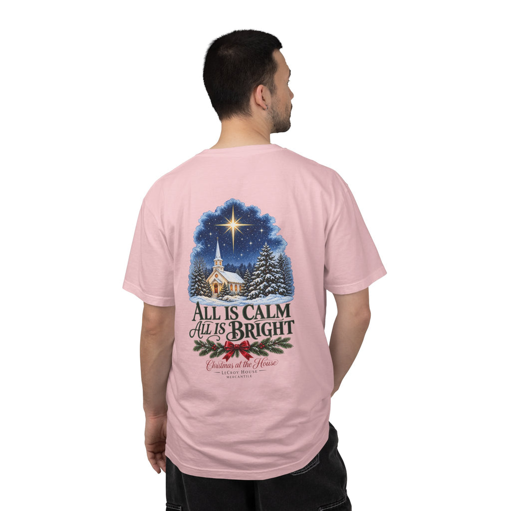 Christmas T-Shirt — "All Is Calm, All Is Bright" Church Scene Holiday Tee
