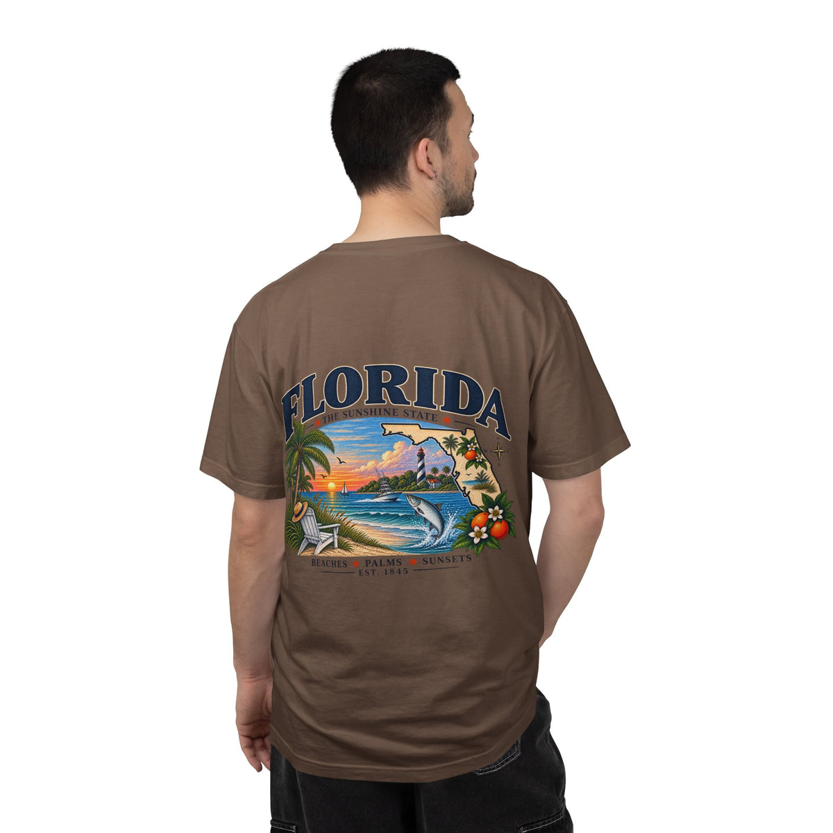 Florida Vintage Beach T-Shirt — Retro Sunset Palm & Orange Graphic