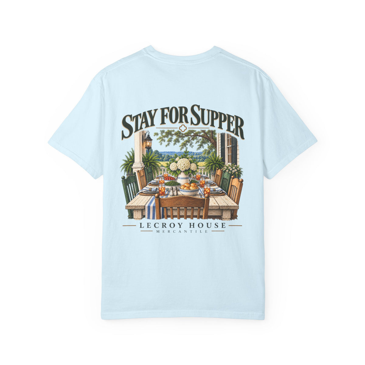 T-Shirt — "Stay For Supper" Scenic Dinner Porch Graphic