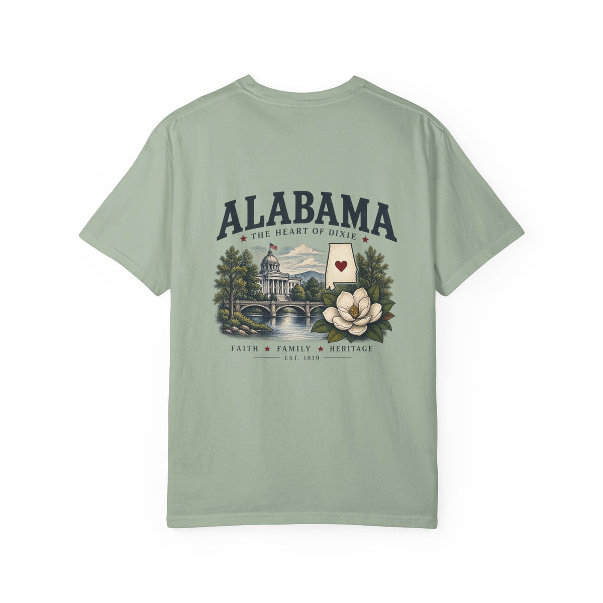 Alabama Heritage T-Shirt — State Scenic Back Print with Magnolia & Capitol