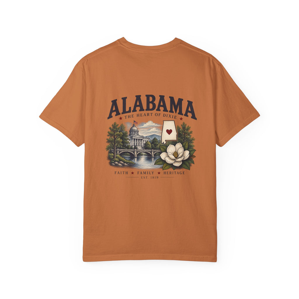 Alabama Heritage T-Shirt — State Scenic Back Print with Magnolia & Capitol