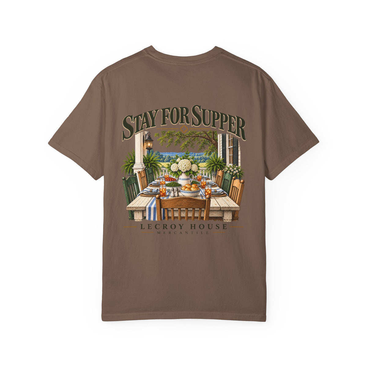 T-Shirt — "Stay For Supper" Scenic Dinner Porch Graphic