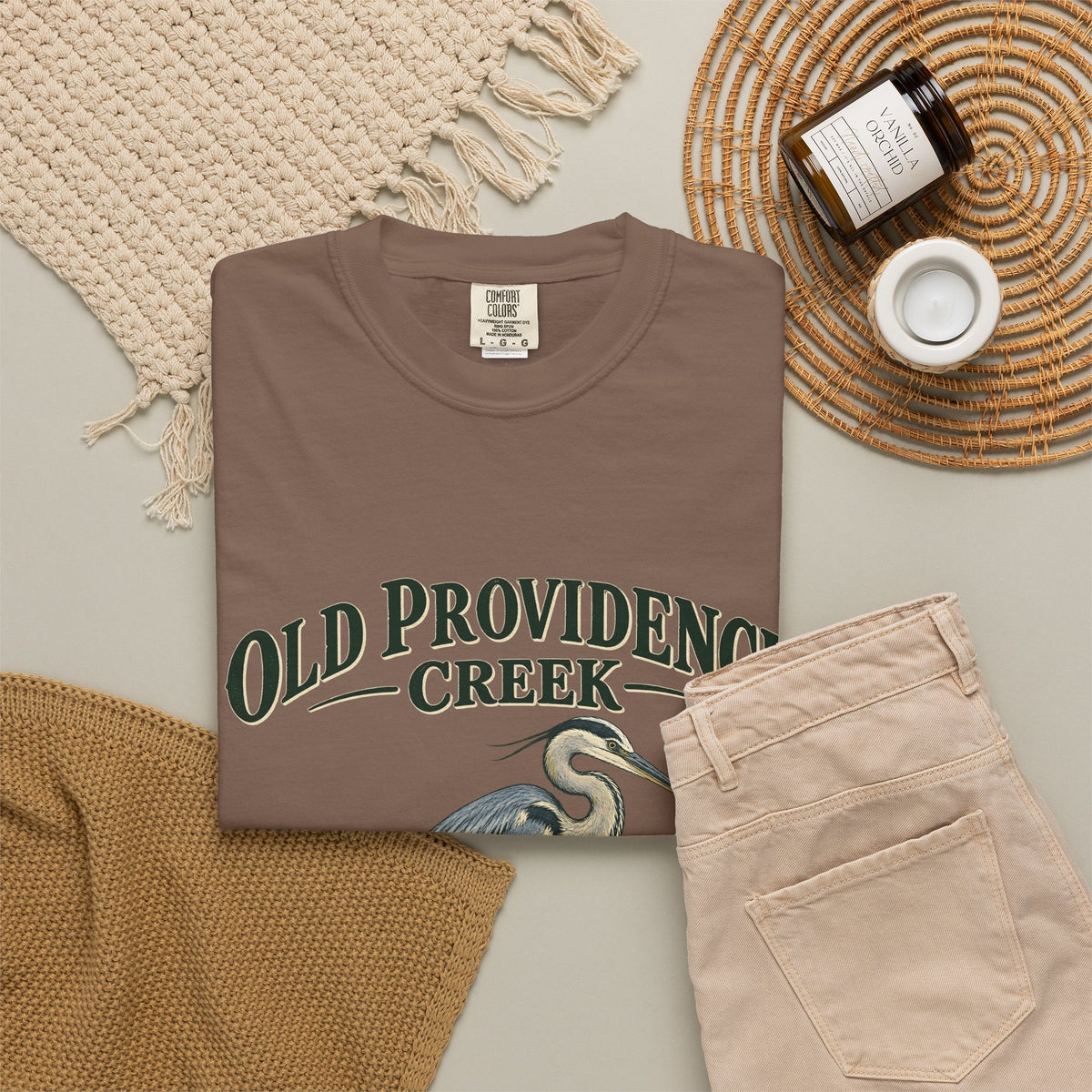 Old Providence Creek Heron T-Shirt — "Slow Down. Stay Awhile." Coastal Nature Tee